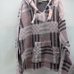 San Jose’ XXL women’s Plaid Hooded poncho / Baja Sweater in Pink and Gray